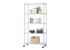 A tall, chrome wire shelving unit with five adjustable shelves is pictured, standing on caster wheels. The shelves are organized with various kitchen and pantry items, including clear airtight containers for dry goods, books, a French press, a pitcher, a mixing bowl, an organizer for utensils, and a wooden storage box.