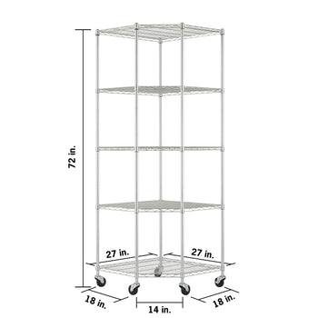 A five-tier chrome corner wire shelving unit on wheels, with a total height of 72 inches. The image includes dimension labels for the shelves, indicating a depth of 27 inches on the long sides, 18 inches on the short sides, and a 14-inch front edge.