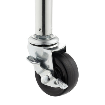 A close-up image shows a swivel caster wheel with a black rubber or plastic wheel and a chrome or polished metal body. A locking mechanism with an 