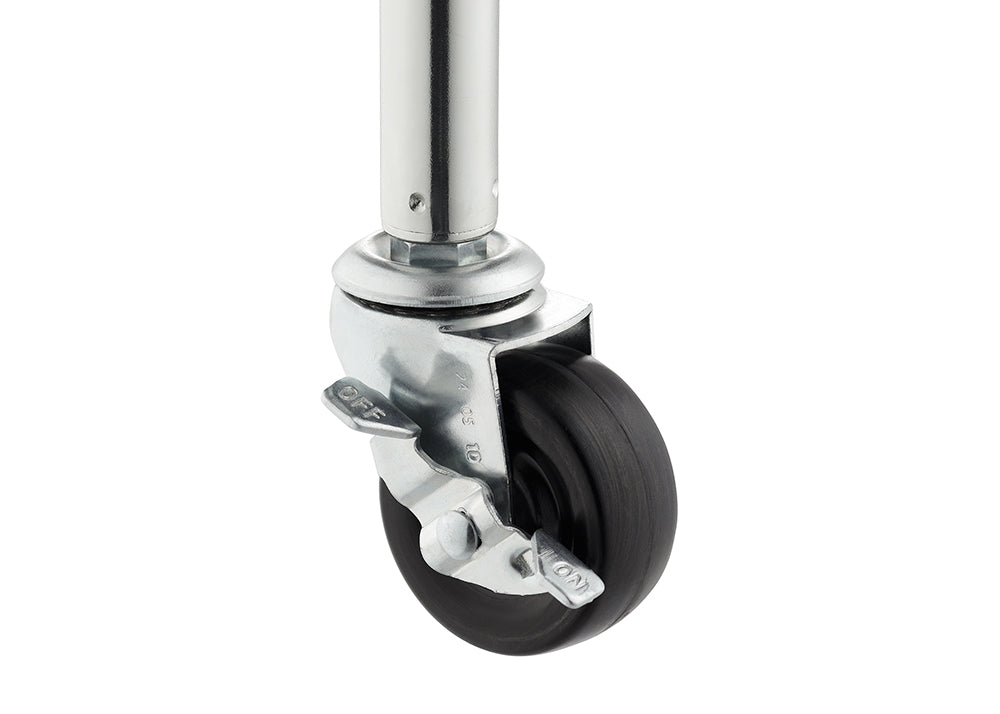 A close-up image shows a swivel caster wheel with a black rubber or plastic wheel and a chrome or polished metal body. A locking mechanism with an "OFF" and "ON" position lever is visible on the side of the wheel assembly.