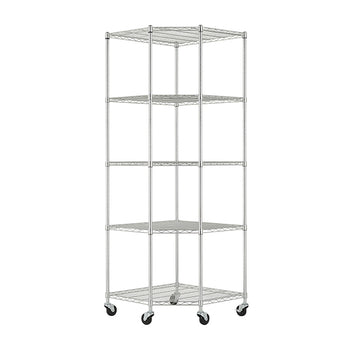 A tall, chrome wire shelving unit with five adjustable shelves is shown against a white background. The corner shelf stands on four black locking caster wheels, suggesting it is mobile.