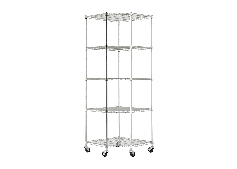 A tall, chrome wire shelving unit with five adjustable shelves is shown against a white background. The corner shelf stands on four black locking caster wheels, suggesting it is mobile.