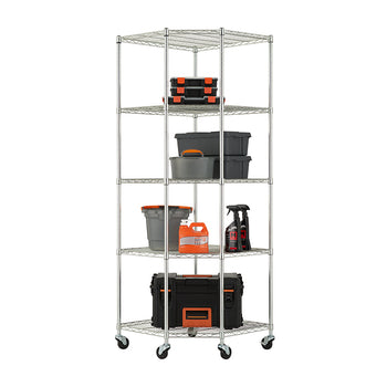 A tall, chrome wire shelving unit with five pentagon-shaped shelves is shown holding various storage bins, toolboxes, and cleaning supplies. The unit is on caster wheels and is designed to fit into a corner.