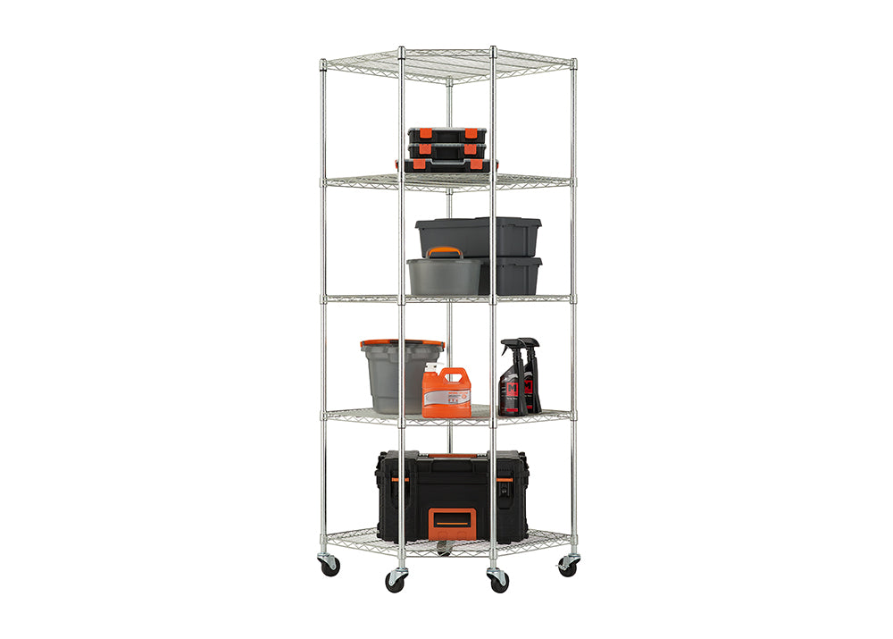 A tall, chrome wire shelving unit with five pentagon-shaped shelves is shown holding various storage bins, toolboxes, and cleaning supplies. The unit is on caster wheels and is designed to fit into a corner.