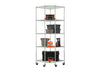 A tall, chrome wire shelving unit with five pentagon-shaped shelves is shown holding various storage bins, toolboxes, and cleaning supplies. The unit is on caster wheels and is designed to fit into a corner.