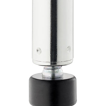 This close-up image shows the bottom of a cylindrical metal leg, likely from a piece of furniture or shelving. The chrome-plated leg terminates in a black, round leveling foot connected by an exposed threaded metal shaft.
