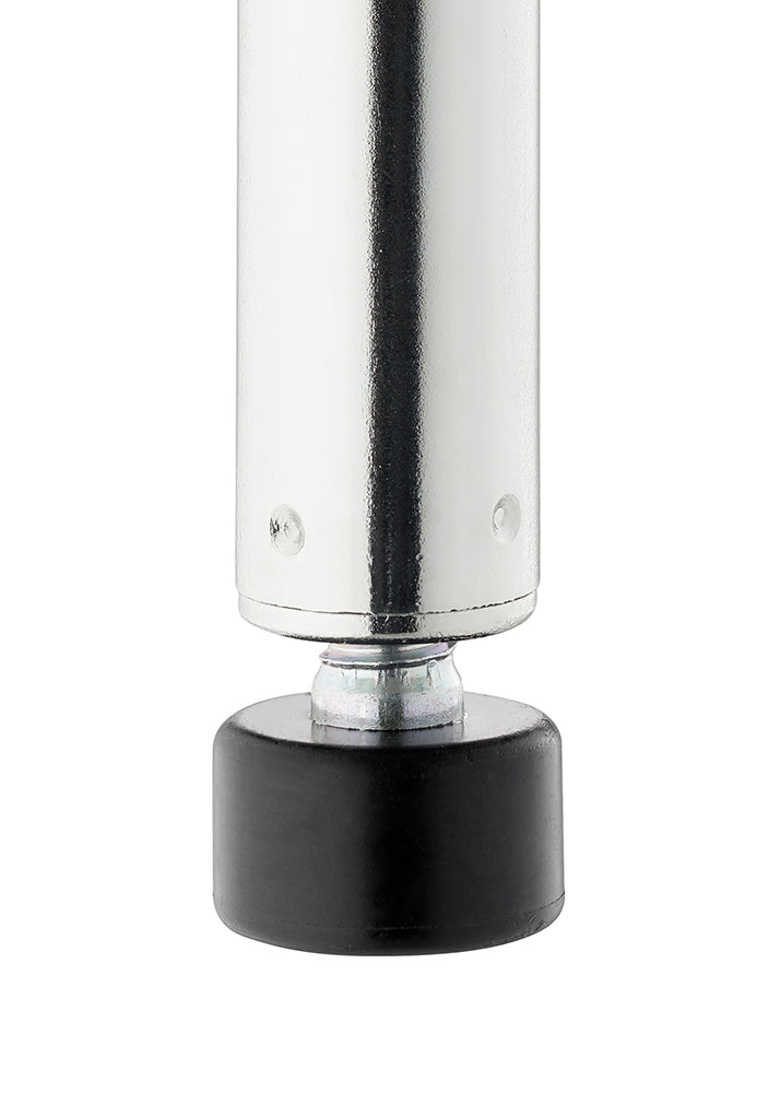 This close-up image shows the bottom of a cylindrical metal leg, likely from a piece of furniture or shelving. The chrome-plated leg terminates in a black, round leveling foot connected by an exposed threaded metal shaft.
