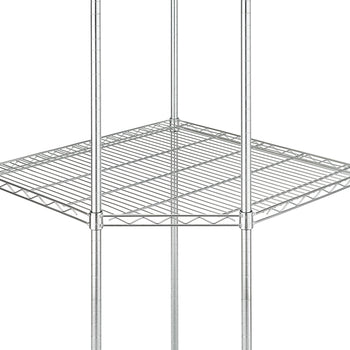A close-up view shows a chrome wire corner shelf that fits between four vertical support poles. The metal shelf has an octagonal shape, with its front edges cut at an angle to fit into a right-angle corner shelving unit.
