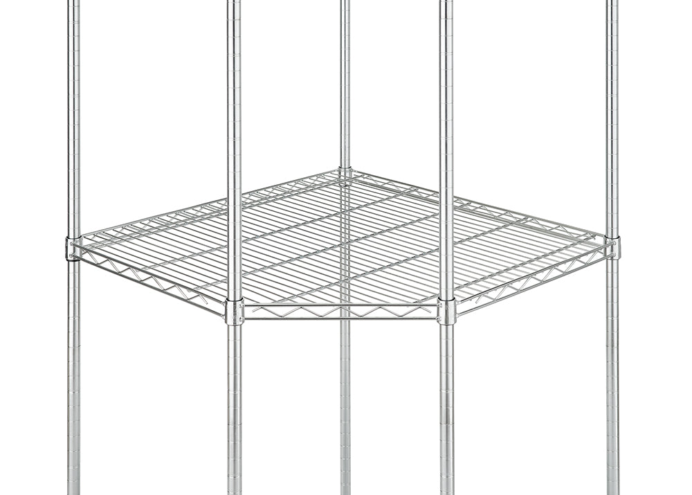 A close-up view shows a chrome wire corner shelf that fits between four vertical support poles. The metal shelf has an octagonal shape, with its front edges cut at an angle to fit into a right-angle corner shelving unit.