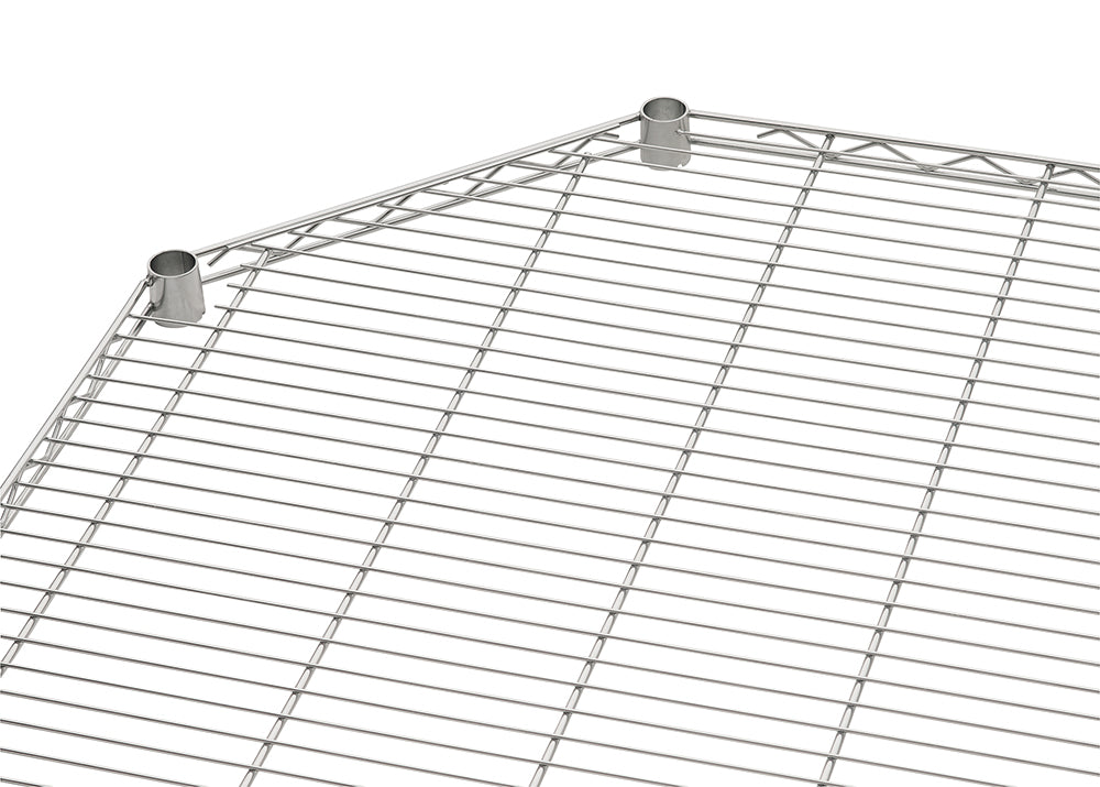 A close-up view of a chrome wire shelf with a pentagonal or corner shape. The shelf features two metal sleeves or collars at two adjacent corner points, which are typically used to secure it to shelving posts.