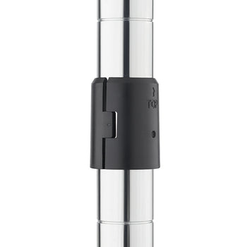A close-up image shows a chrome wire shelving post connector joining two sections of a metal pole. The black plastic connector has a latch mechanism and the word 