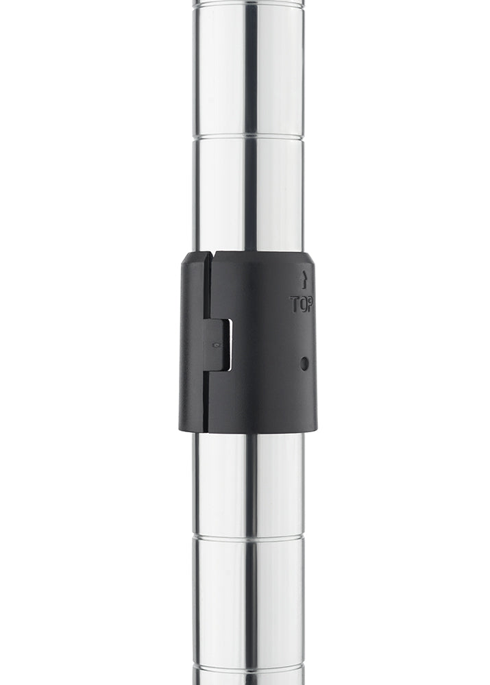 A close-up image shows a chrome wire shelving post connector joining two sections of a metal pole. The black plastic connector has a latch mechanism and the word "TOP" with an arrow indicating the upward direction.