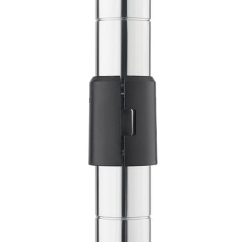 A close-up image shows a black plastic shelf clip snapped onto a chrome wire shelving post. The clip is positioned at a junction between two segments of the metal post, illustrating how the shelf height is typically secured and adjusted.