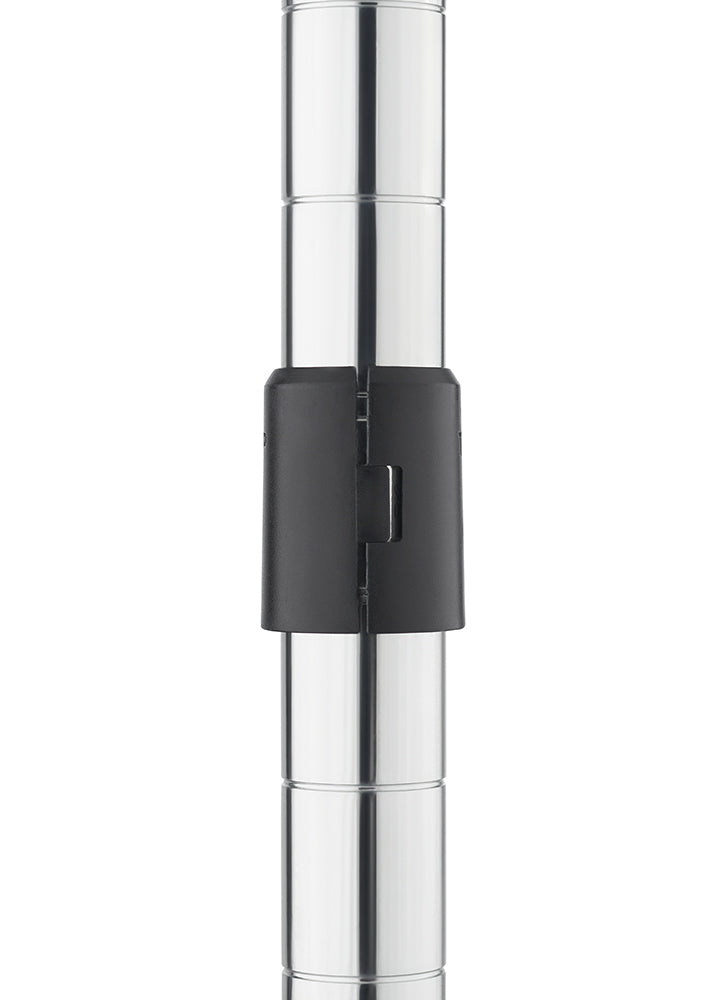 A close-up image shows a black plastic shelf clip snapped onto a chrome wire shelving post. The clip is positioned at a junction between two segments of the metal post, illustrating how the shelf height is typically secured and adjusted.
