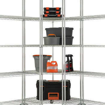 A close-up of a chrome wire shelving unit shows how two separate racks connect to form a corner storage system. The shelves are stocked with various garage or utility items, including large black and gray plastic bins, an orange jug of fluid, and several toolboxes.