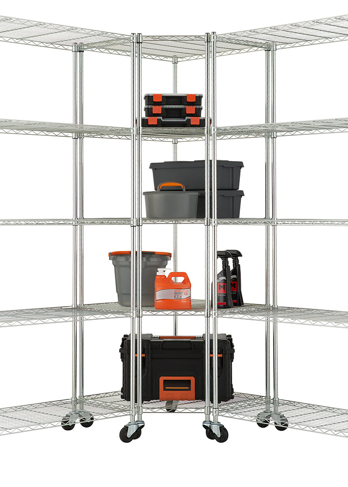 A close-up of a chrome wire shelving unit shows how two separate racks connect to form a corner storage system. The shelves are stocked with various garage or utility items, including large black and gray plastic bins, an orange jug of fluid, and several toolboxes.