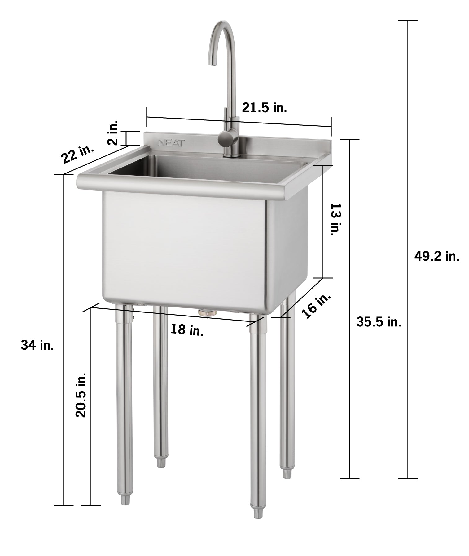 A stainless steel utility sink with a tall faucet is shown with comprehensive measurement labels indicating an overall height of 49.2 inches and a width of 21.5 inches. The diagram specifies a 13-inch deep basin, 2-inch backsplash, 34-inch front rim height, 35.5-inch rear height, and legs measuring 20.5 inches tall with a footprint of 18 by 16 inches.