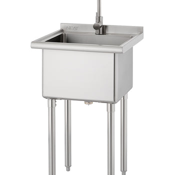 
A commercial-style stainless steel utility sink is shown, featuring a single deep basin, four polished metal legs, and an attached gooseneck faucet. The word 