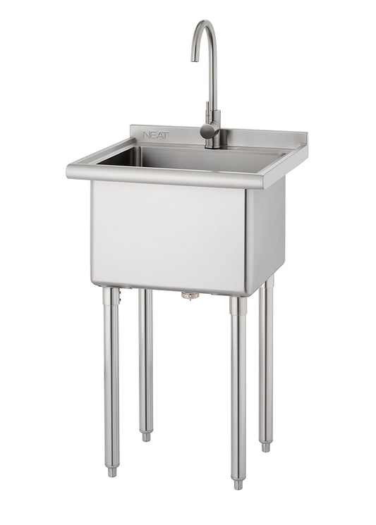 
A commercial-style stainless steel utility sink is shown, featuring a single deep basin, four polished metal legs, and an attached gooseneck faucet. The word "NEAT" is visible, subtly etched into the backsplash of the sink.