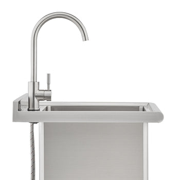 A side view shows a stainless steel utility sink with a gooseneck faucet. The faucet and sink unit have a modern, brushed metal finish, with a flexible braided hose visible along the side.