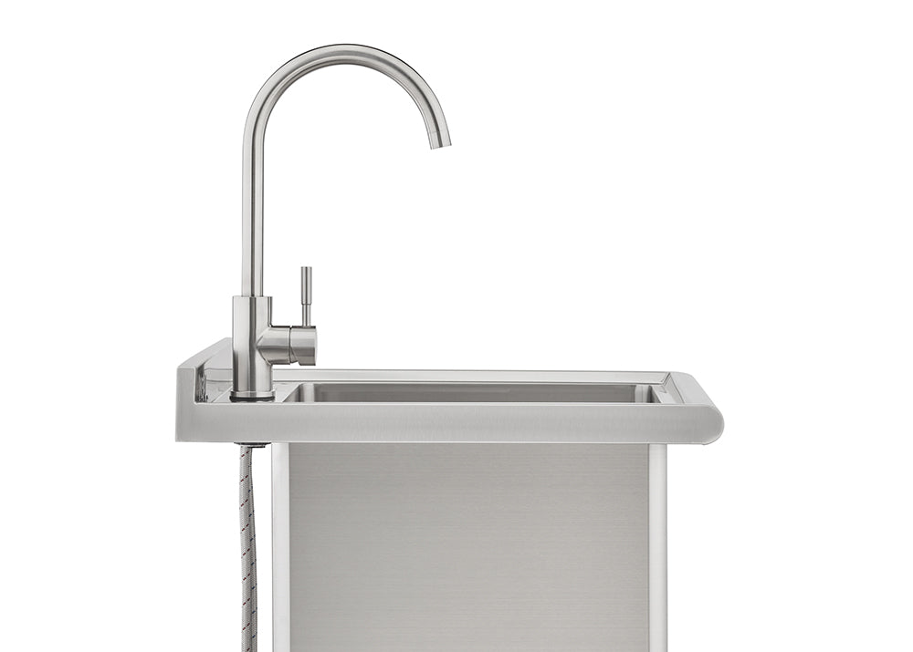 A side view shows a stainless steel utility sink with a gooseneck faucet. The faucet and sink unit have a modern, brushed metal finish, with a flexible braided hose visible along the side.
