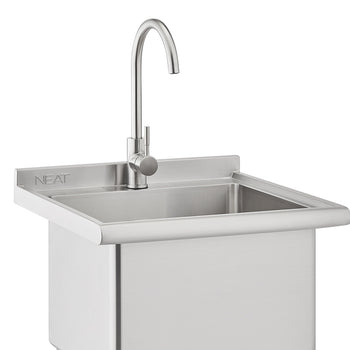 A close-up photograph shows a stainless steel outdoor utility sink featuring a high-arc chrome faucet mounted on the backsplash. The modern, square-shaped sink has rounded edges and the word 
