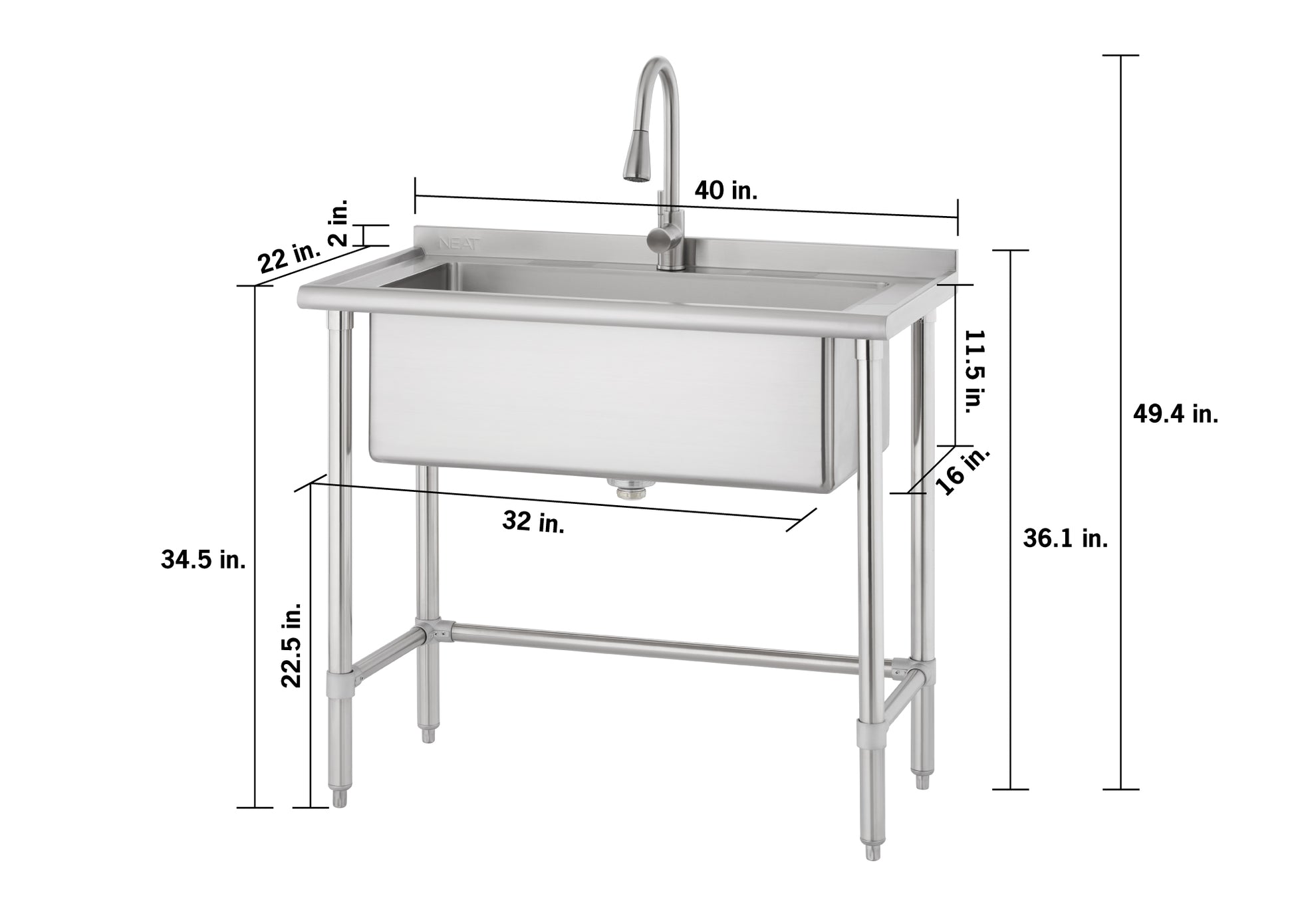 A stainless steel utility sink is depicted with comprehensive measurements: a 40 in. width, 22 in. depth, 34.5 in. front rim height, and a 49.4 in. total height to the faucet top. Additional dimensions specify a 11.5 in. basin depth, 16 in. leg depth, 32 in. width between legs, a 22.5 in. floor-to-basin clearance, and a 2 in. backsplash with a 36.1 in. rear height.