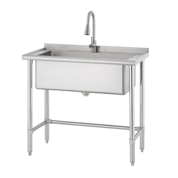 A single-bowl stainless steel utility sink on a freestanding metal frame with a curved gooseneck faucet installed. The sink is designed for commercial or heavy-duty use, featuring a deep basin and adjustable metal legs.
