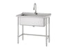 A single-bowl stainless steel utility sink on a freestanding metal frame with a curved gooseneck faucet installed. The sink is designed for commercial or heavy-duty use, featuring a deep basin and adjustable metal legs.