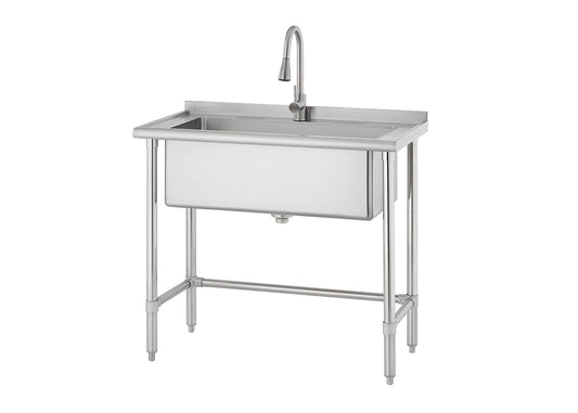 A single-bowl stainless steel utility sink on a freestanding metal frame with a curved gooseneck faucet installed. The sink is designed for commercial or heavy-duty use, featuring a deep basin and adjustable metal legs.