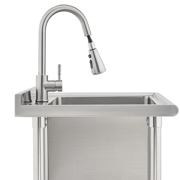 A modern stainless steel utility sink features a high-arc gooseneck faucet with a pull-down sprayer head. The sink unit has straight sides, exposed tubular legs, and a brushed metal finish, suggesting an industrial or outdoor application.