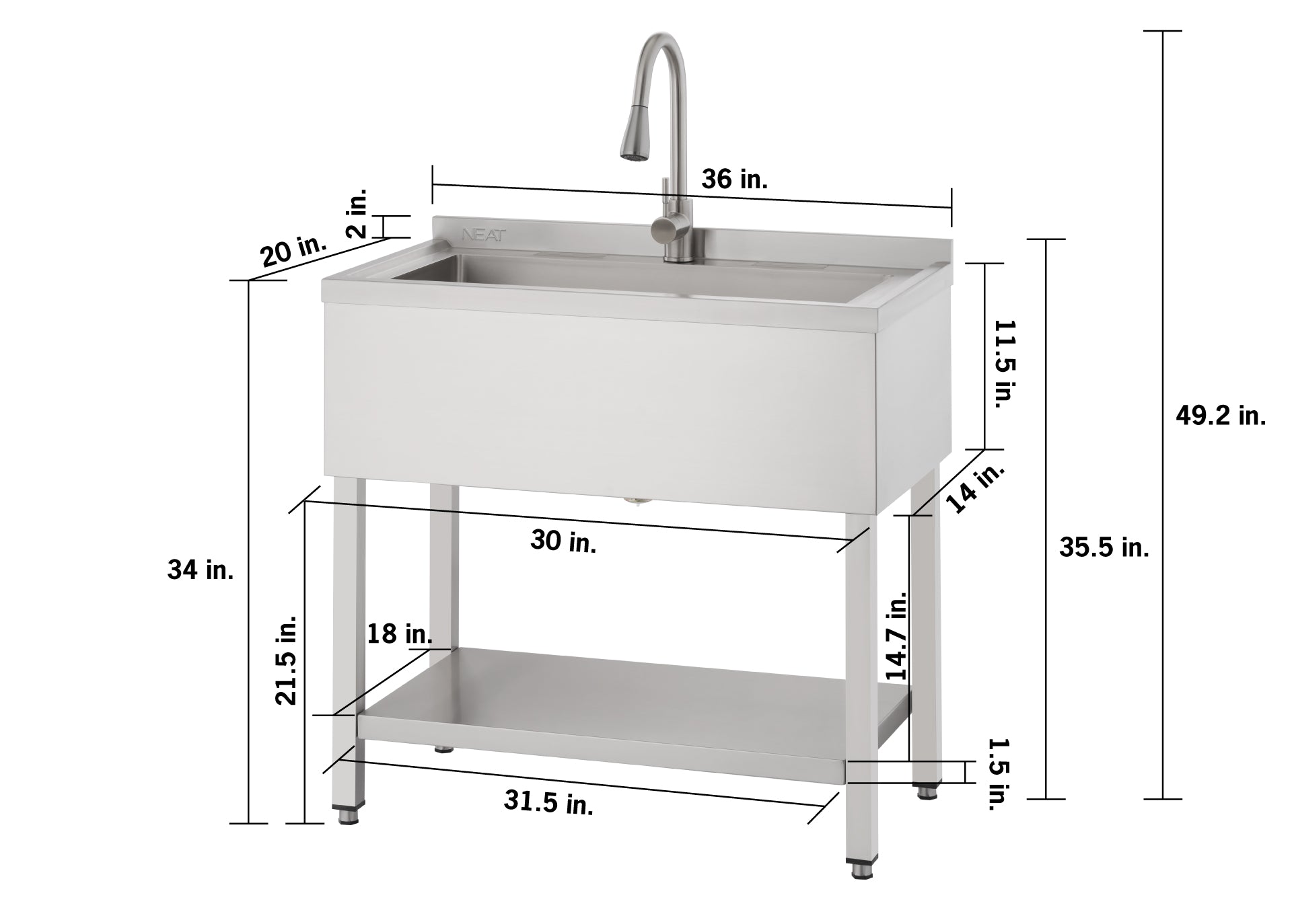 A stainless steel utility sink with a tall faucet and lower shelf is displayed with comprehensive measurements, including an overall height of 49.2 in., a sink width of 36 in., and a basin depth of 11.5 in. Additional dimensions specify the leg height at 21.5 in., a shelf length of 31.5 in., a shelf depth of 18 in., and a clearance of 14.7 in. from the floor to the bottom of the shelf.