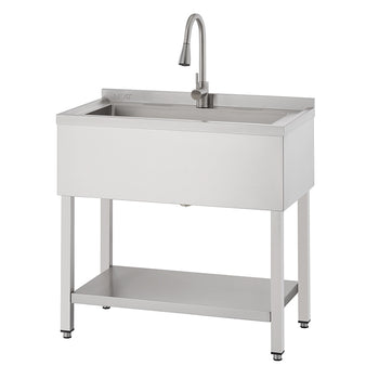 A freestanding, single-basin utility sink made of stainless steel with a gooseneck faucet is shown. The sink unit features a sloped backsplash, four tubular legs with adjustable feet, and a storage shelf underneath.