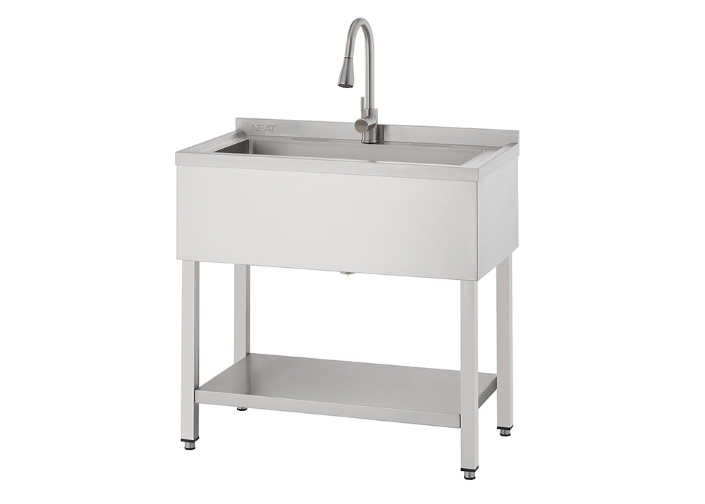 A freestanding, single-basin utility sink made of stainless steel with a gooseneck faucet is shown. The sink unit features a sloped backsplash, four tubular legs with adjustable feet, and a storage shelf underneath.