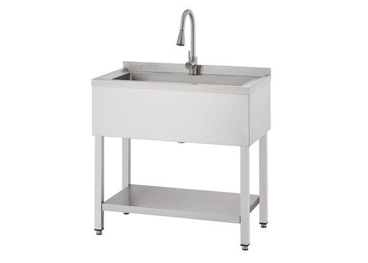 A freestanding, single-basin utility sink made of stainless steel with a gooseneck faucet is shown. The sink unit features a sloped backsplash, four tubular legs with adjustable feet, and a storage shelf underneath.