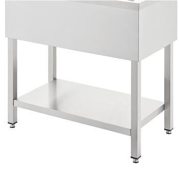 A professional stainless steel utility sink or prep table is shown on a white background. It features a rectangular basin or tabletop supported by four square legs and includes a lower stainless steel storage shelf.