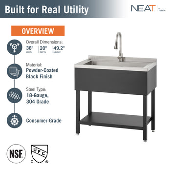 This NEAT by Trinity utility sink features a powder-coated black finish and is constructed from 16-gauge, 304-grade stainless steel. The consumer-grade unit measures 36" W x 20" D x 49.2" H and includes a pull-down faucet, a bottom storage shelf, and NSF and cUPC certifications.