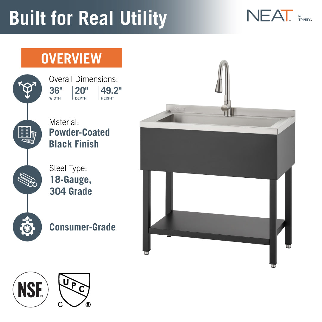This NEAT by Trinity utility sink features a powder-coated black finish and is constructed from 16-gauge, 304-grade stainless steel. The consumer-grade unit measures 36" W x 20" D x 49.2" H and includes a pull-down faucet, a bottom storage shelf, and NSF and cUPC certifications.