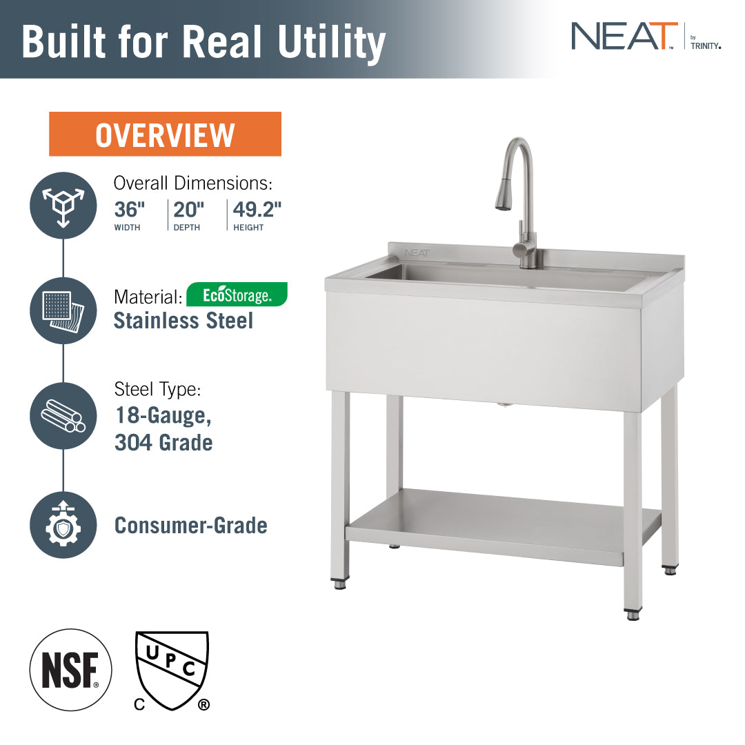 This consumer-grade utility sink from NEAT by Trinity is made of 16-gauge, 304-grade EcoStorage stainless steel and includes NSF and cUPC certifications. The unit measures 36" W x 20" D x 49.2" H and features a swivel faucet, a large basin with a backsplash, and a bottom storage shelf.