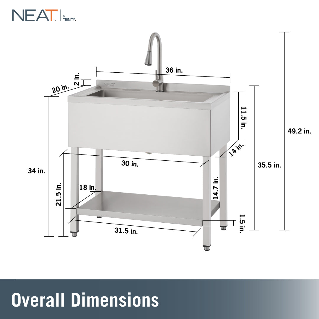A product diagram for a NEAT by Trinity stainless steel utility sink with faucet showcases the unit's overall dimensions, including a total height of 49.2 inches, a width of 36 inches, and a depth of 20 inches. Additional labeled measurements highlight a basin depth of 11.5 inches, a sink rim height of 35.5 inches, and a bottom storage shelf measuring 31.5 inches wide by 18 inches deep with a 14.7-inch clearance.