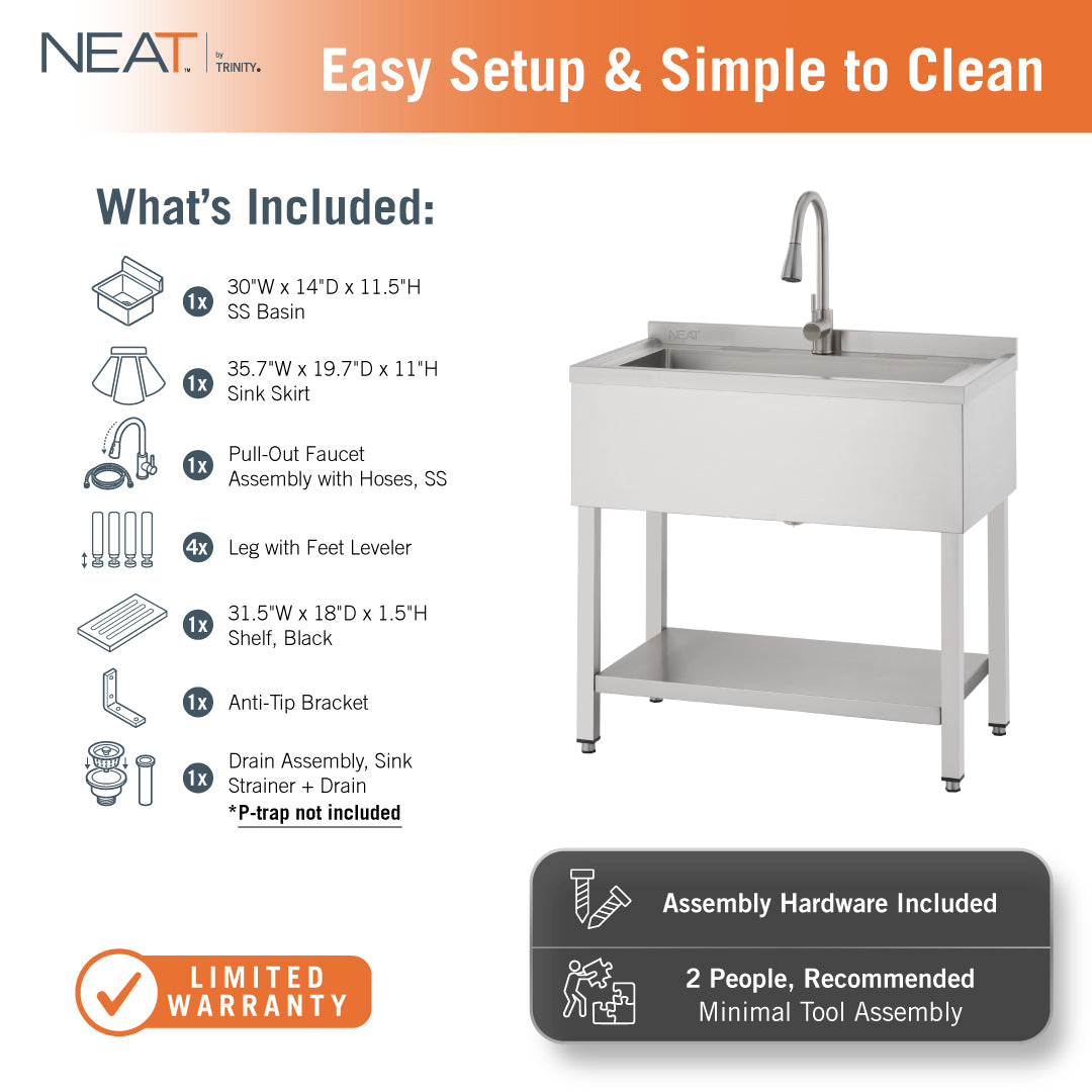 This NEAT by Trinity utility sink kit includes a 30"W stainless steel basin, a matching sink skirt, a pull-out faucet assembly, and a 31.5"W slotted bottom shelf. The infographic notes that assembly hardware and an anti-tip bracket are included, recommending a two-person setup for the consumer-grade unit.