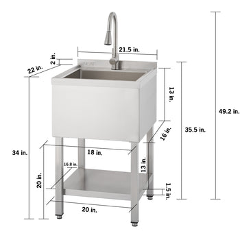 A stainless steel utility sink with a faucet is shown with various dimensions, including an overall height of 49.2 in., a backsplash height of 35.5 in., a sink rim height of 34 in., and a 2 in. depth for the backsplash. The sink basin measures 21.5 in. wide by 22 in. deep by 13 in. tall, while the lower storage shelf is 20 in. wide by 16.8 in. deep, supported by legs that are 20 in. tall with 1.5 in. adjustable feet.