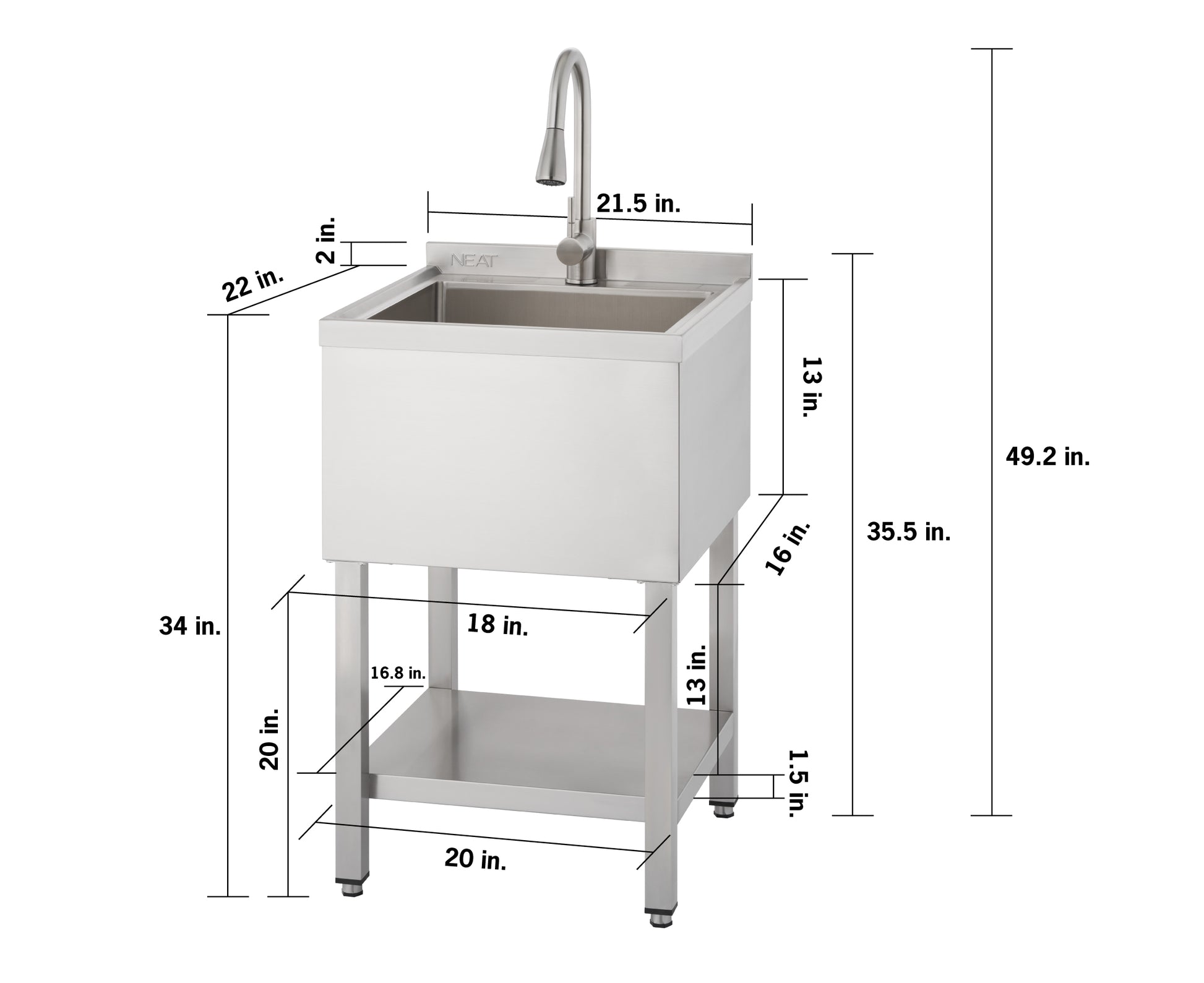 A stainless steel utility sink with a faucet is shown with various dimensions, including an overall height of 49.2 in., a backsplash height of 35.5 in., a sink rim height of 34 in., and a 2 in. depth for the backsplash. The sink basin measures 21.5 in. wide by 22 in. deep by 13 in. tall, while the lower storage shelf is 20 in. wide by 16.8 in. deep, supported by legs that are 20 in. tall with 1.5 in. adjustable feet.
