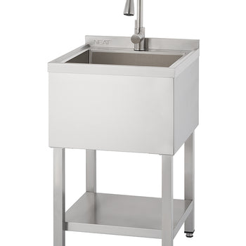 A tall, stainless steel utility sink with a modern gooseneck faucet is shown, standing on metal legs. Below the main basin, there is a metal storage shelf near the floor.