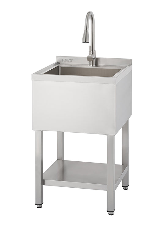 A tall, stainless steel utility sink with a modern gooseneck faucet is shown, standing on metal legs. Below the main basin, there is a metal storage shelf near the floor.