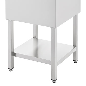 The lower section of a stainless steel commercial-style sink or table stand. It features four square legs and a lower shelf positioned between them, with adjustable feet visible on the bottom of the legs.