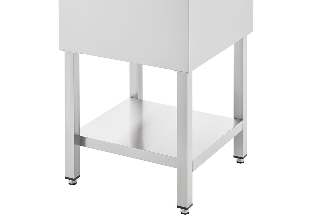 The lower section of a stainless steel commercial-style sink or table stand. It features four square legs and a lower shelf positioned between them, with adjustable feet visible on the bottom of the legs.
