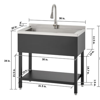 The utility sink features a total height of 49.2 inches, a 36-inch width, a 20-inch depth, and a 35.5-inch countertop height including a 2-inch backsplash. Its internal basin measures 11.5 inches deep, while the lower storage frame spans 31.5 inches wide and 18 inches deep with a 14.7-inch clearance between the shelf and the 14-inch tall upper cabinet.