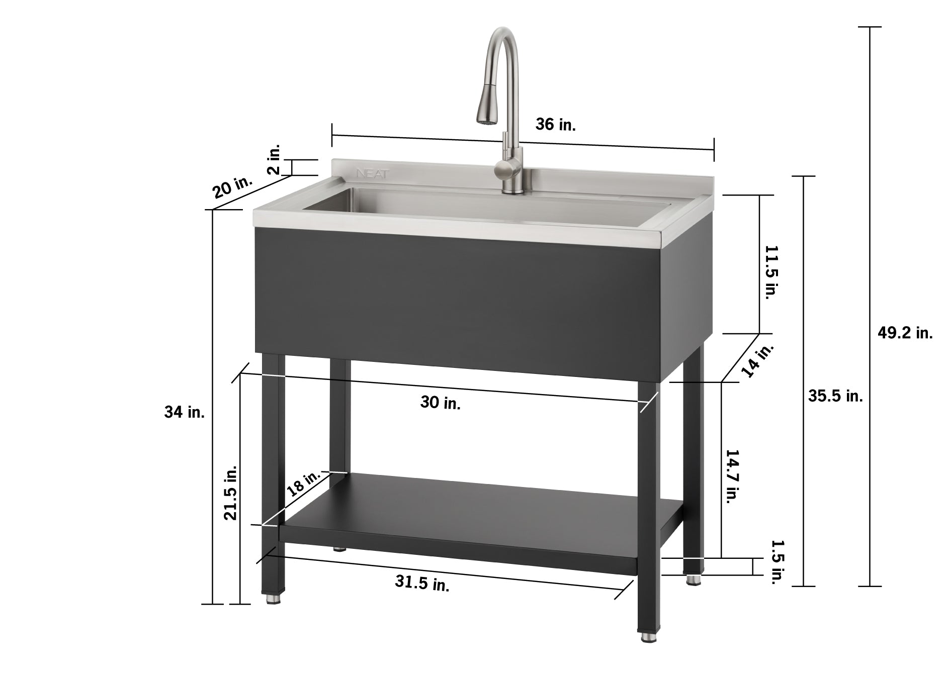 The utility sink features a total height of 49.2 inches, a 36-inch width, a 20-inch depth, and a 35.5-inch countertop height including a 2-inch backsplash. Its internal basin measures 11.5 inches deep, while the lower storage frame spans 31.5 inches wide and 18 inches deep with a 14.7-inch clearance between the shelf and the 14-inch tall upper cabinet.
