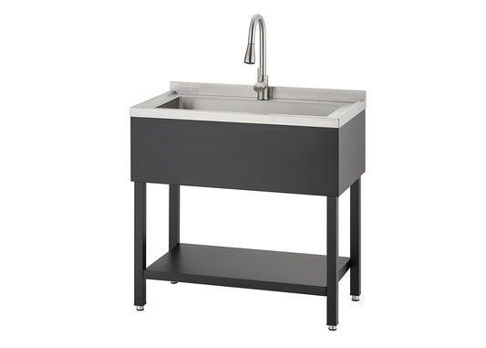 A freestanding outdoor sink unit is shown, featuring a stainless steel basin with a gooseneck faucet. The sink cabinet and legs are a dark, matte color, with a matching shelf near the bottom.